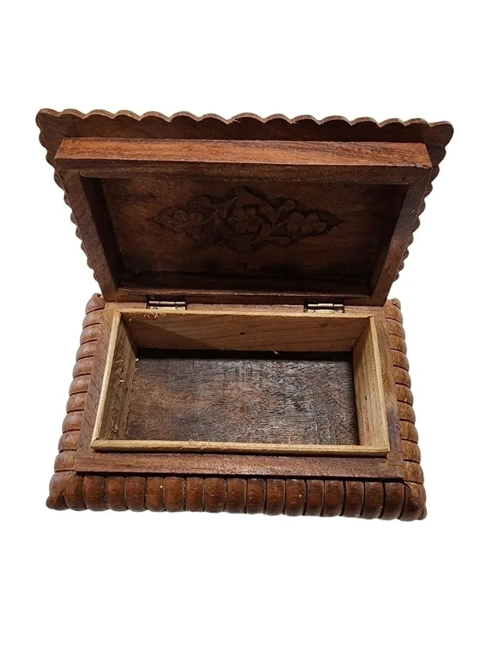 Vintage hand carved wood jewelry trinket box with inlay design India